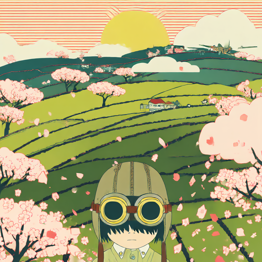 Psychedelic green hills and cherry blossoms