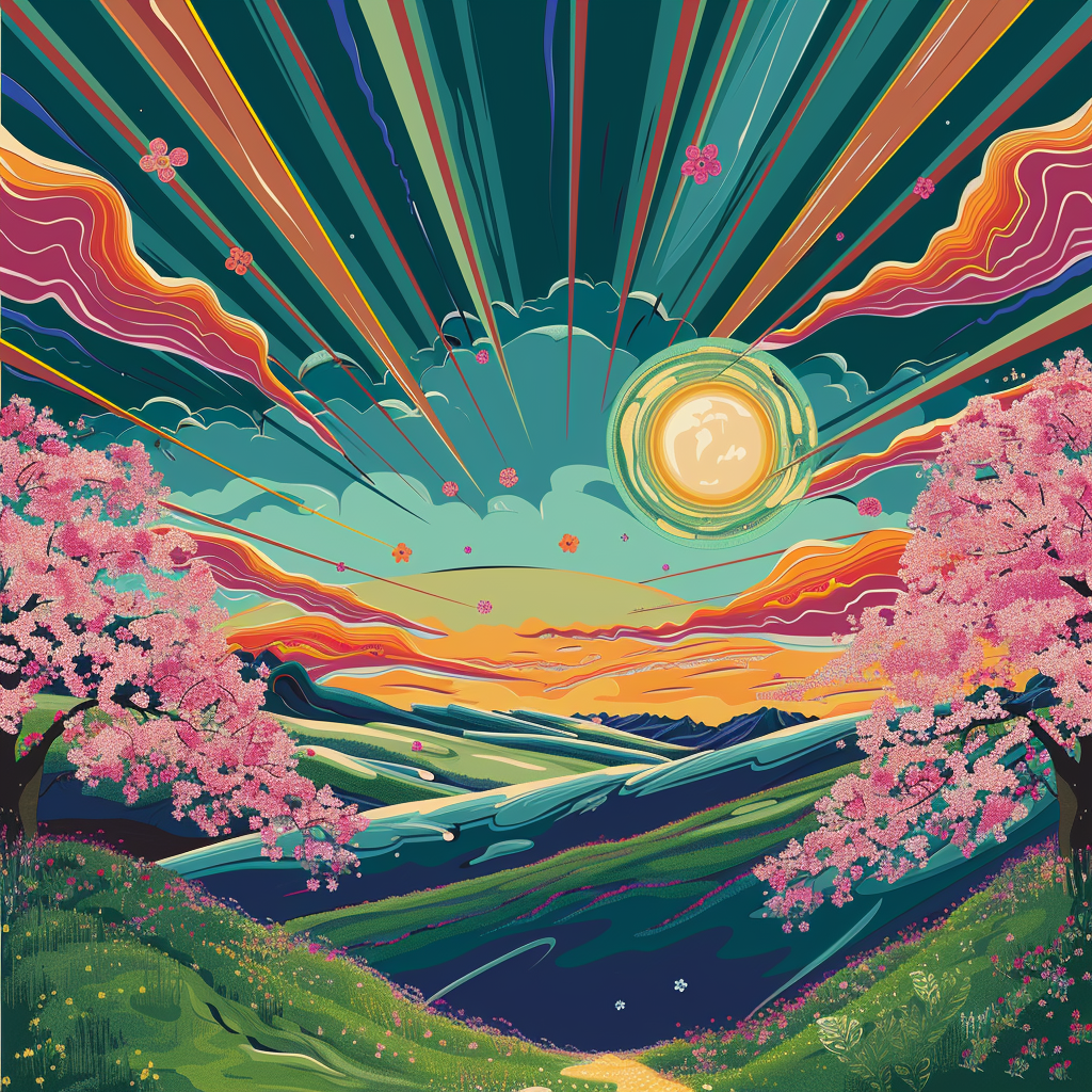 Psychedelic landscape with a radiant sun